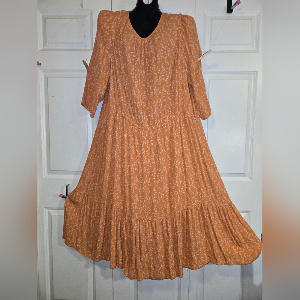 A New Day - Long, tiered prairie dress with 3/4 sleeves, Size 4x, orange floral